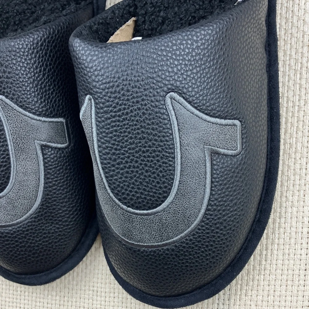 True Religion Horseshoe Slippers Black Faux Leather NWT